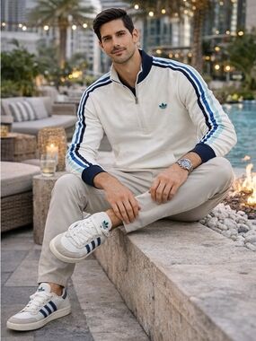 Adidas Quarter Zip Track Top Mens L Cream Blue Stripes Trefoil Logo Pullover